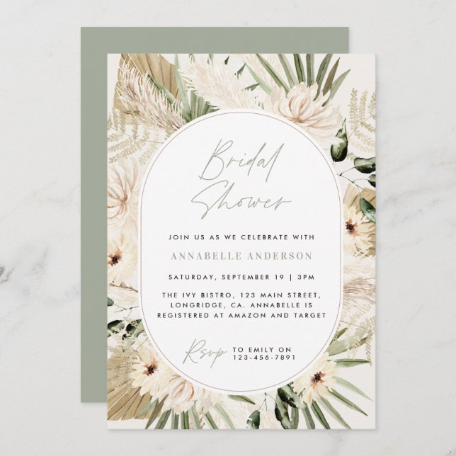 Bridal shower pampas grass modern sage green invitation (Front/Back)