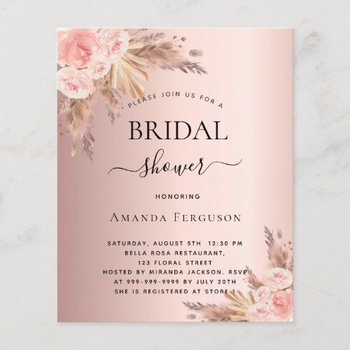 Bridal shower pampas grass rose budget invitation flyer