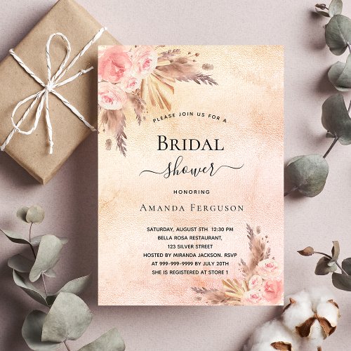 Bridal shower pampas grass rose gold blush Boho Invitation