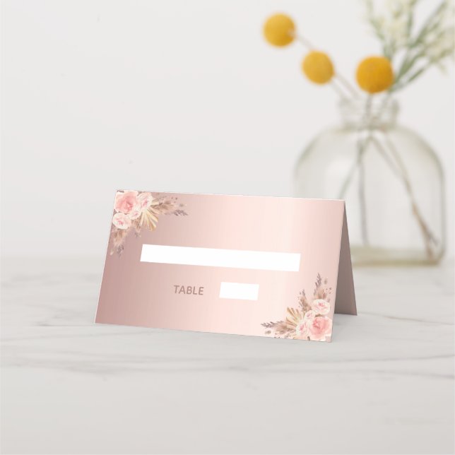 Bridal shower pampas grass rose gold blush floral place card (Front)
