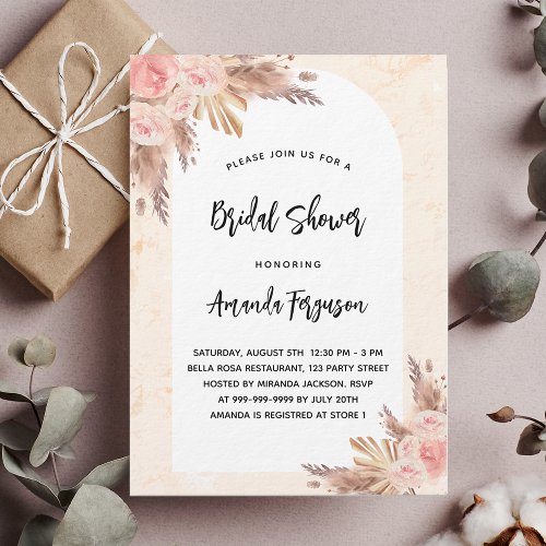 Bridal shower pampas grass rose gold blush florals invitation postcard