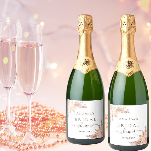 Bridal Shower pampas grass rose gold blush Sparkling Wine Label