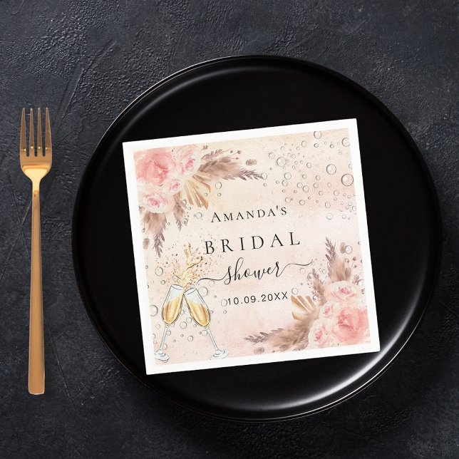 Bridal Shower pampas grass rose gold bubbly Napkins (Creator Uploaded)