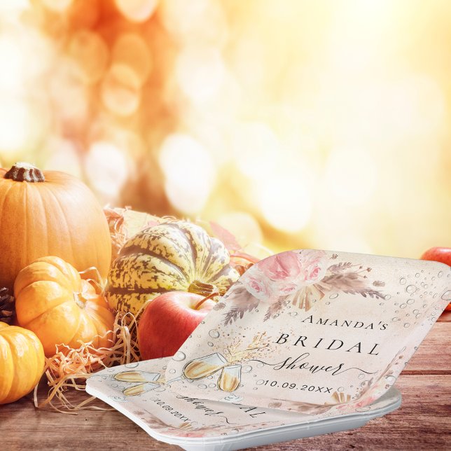 Bridal Shower pampas grass rose gold bubbly Paper Plates (Creator Uploaded)