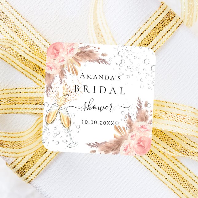 Bridal Shower pampas grass rose gold bubbly Square Sticker (Creator Uploaded)