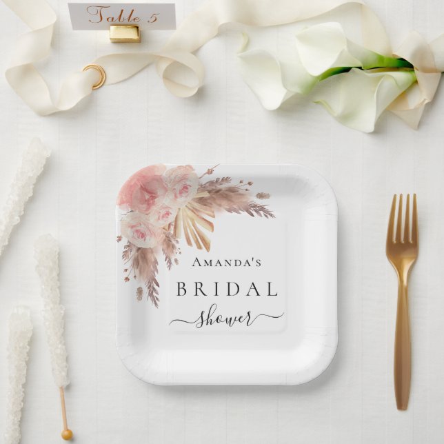 Bridal Shower pampas grass rose gold floral Paper Plates (Wedding)