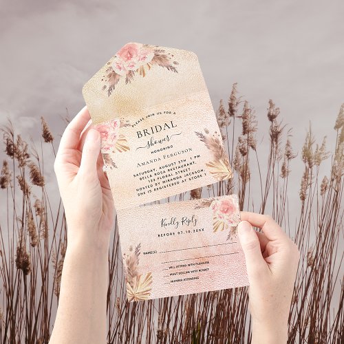 Bridal Shower pampas grass rose gold floral RSVP All In One Invitation
