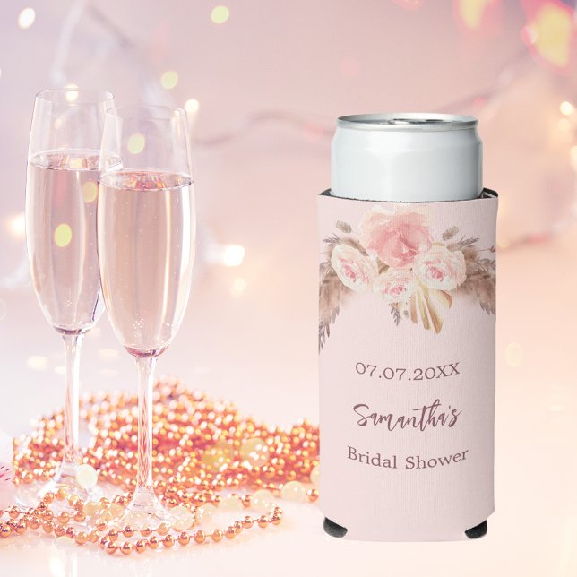 Bridal shower pampas grass rose gold flowers name seltzer can cooler (Creator Uploaded)