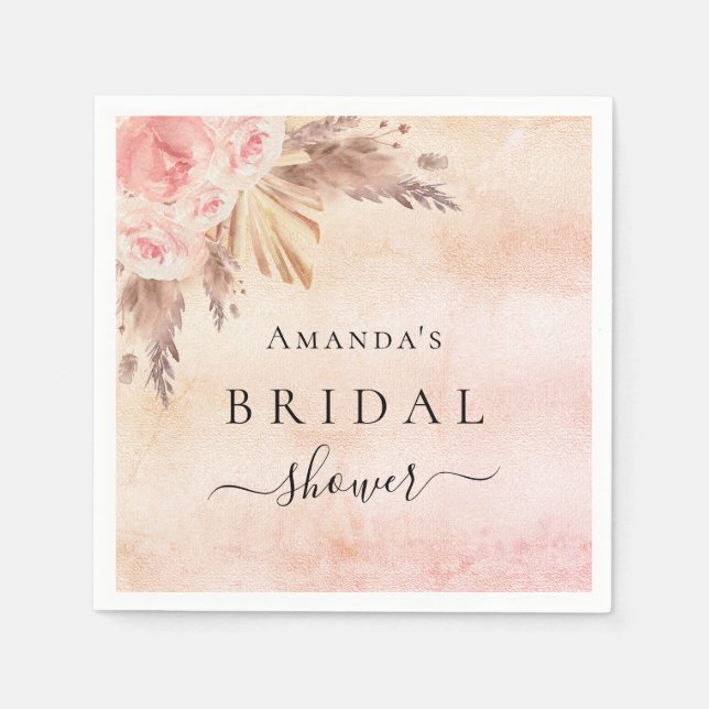 Bridal Shower pampas grass rose gold pink floral Napkins (Front)