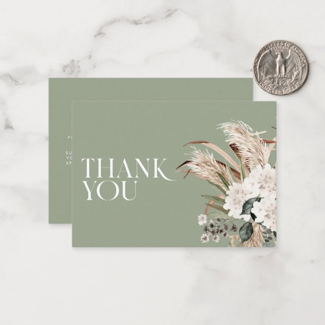 Bridal shower pampas grass sage green thank you note card (Front/Back In Situ)