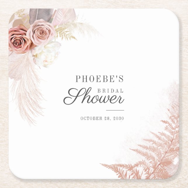 Bridal Shower Pampas Grass Tan Terracotta Square Paper Coaster (Front)