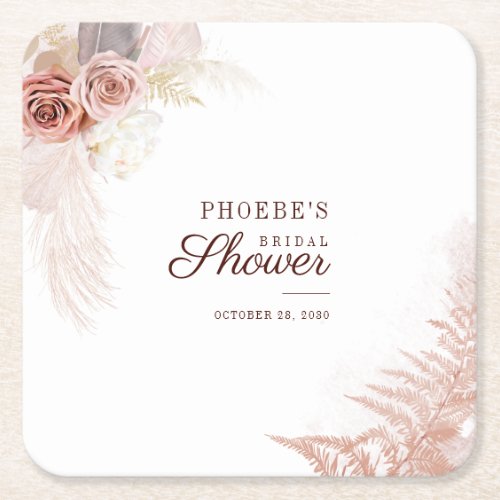 Bridal Shower Pampas Grass Terracotta Script Square Paper Coaster