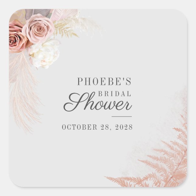 Bridal Shower Pampas Grass Terracotta Tan Square Sticker (Front)