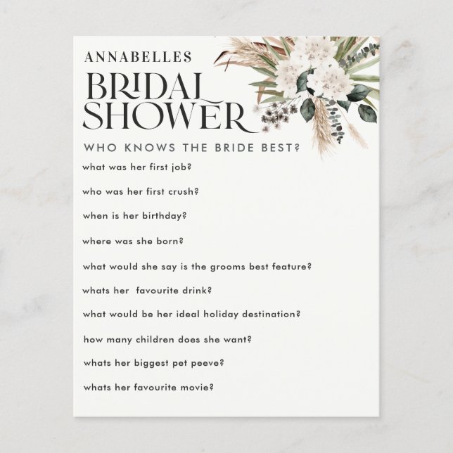 Bridal shower pampas grass who know the bride game (Front)