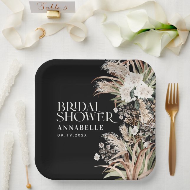 Bridal shower pampas modern elegant black paper plates (Wedding)