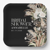 Bridal shower pampas modern elegant black paper plates (Front)