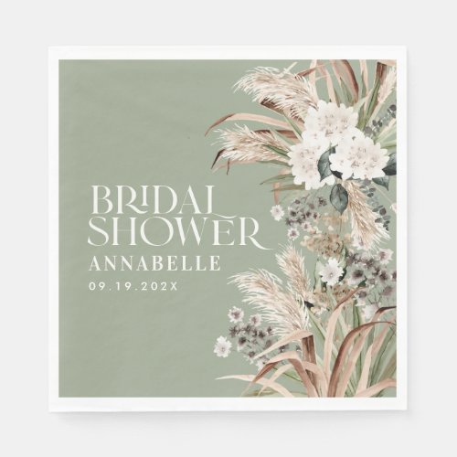 Bridal shower pampas modern elegant sage green napkins