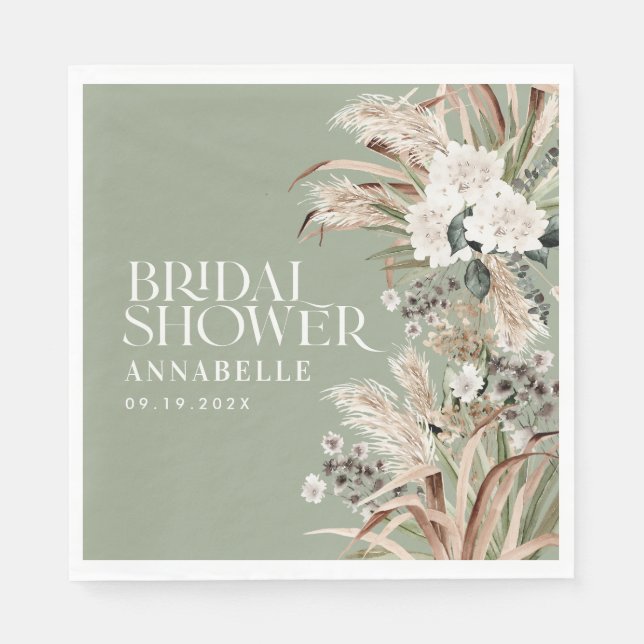 Bridal shower pampas modern elegant sage green napkins (Front)