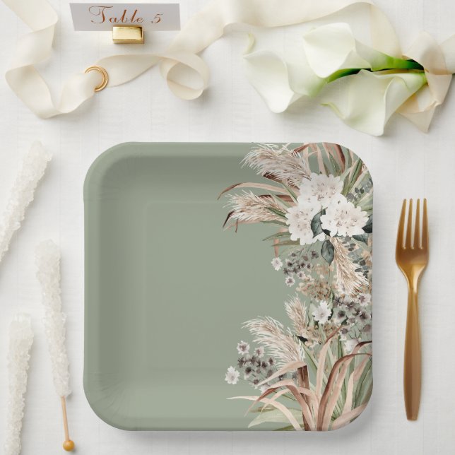 Bridal shower pampas modern elegant sage green paper plates (Wedding)
