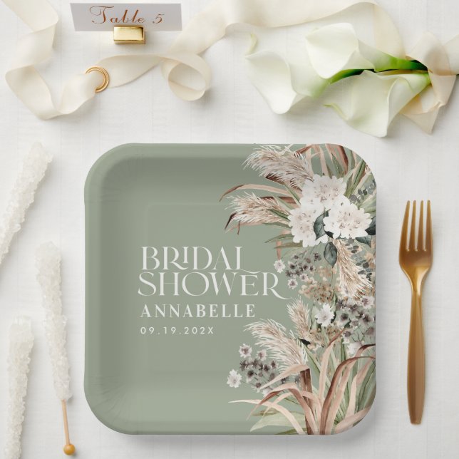 Bridal shower pampas modern elegant sage green paper plates (Wedding)