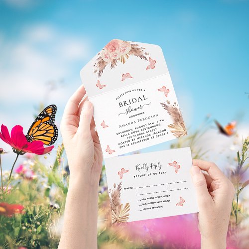 Bridal Shower pampas rose butterfly florals RSVP All In One Invitation