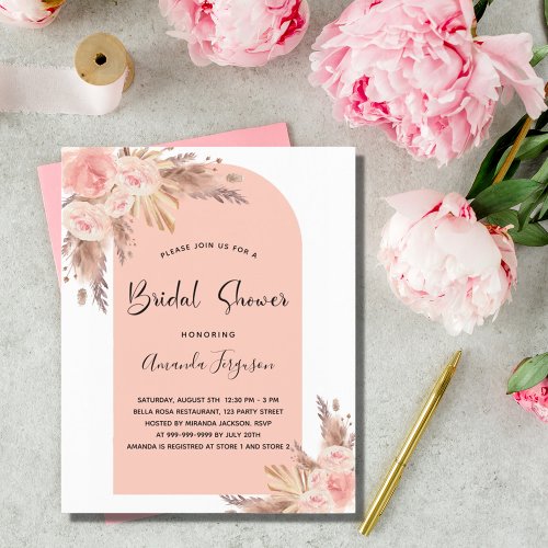 Bridal shower pampas rose gold budget invitation