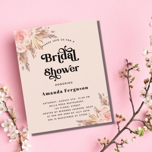 Bridal Shower pampas rose gold budget invitation