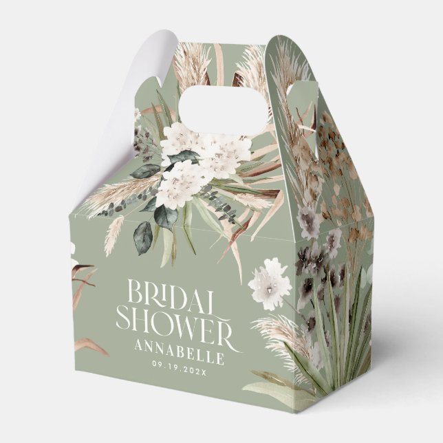 Bridal shower pampas sage green modern boho party favor boxes (Front Side)