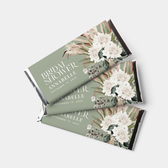 Bridal shower pampas sage green modern boho party hershey bar favors (Front)