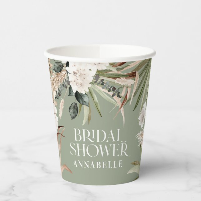 Bridal shower pampas sage green modern party favor paper cups (Left)