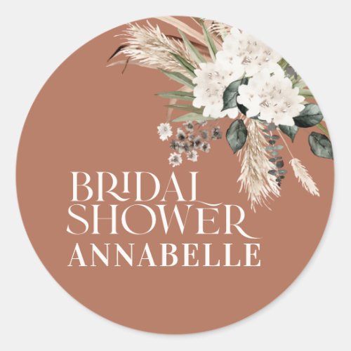 Bridal shower pampas terracotta modern party favor classic round sticker