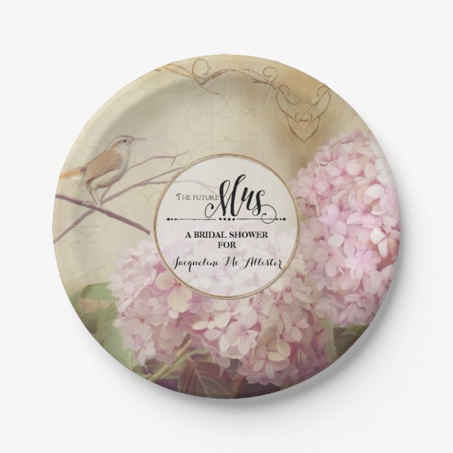 Bridal Shower Paper Party Decor Pink Hydrangea Art Plates (Front)