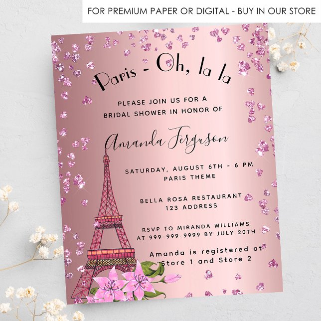 Bridal shower Paris Eiffel pink budget invitation Flyer (Creator Uploaded)