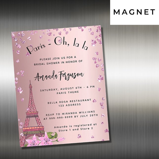 Bridal shower Paris Eiffel tower pink luxury Magnetic Invitation (Creator Uploaded)
