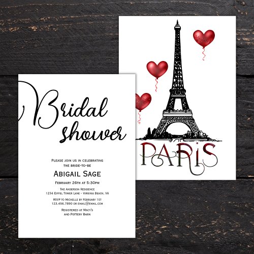 Bridal Shower Paris Eiffel Tower Red Balloons Invitation