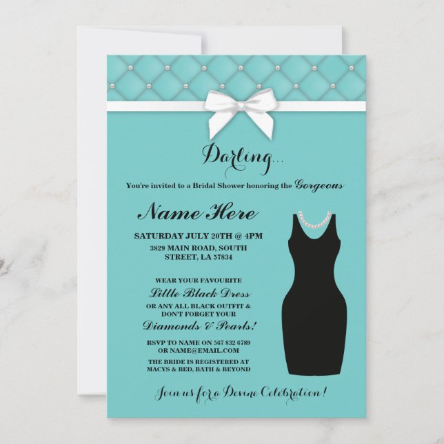 Bridal Shower Party Blue Black Dress Pearls Invite (Front)