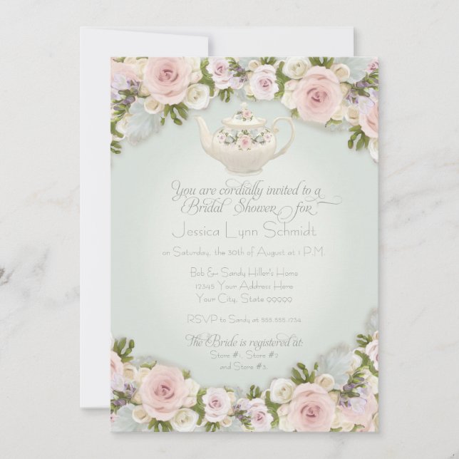 Bridal Shower Party Blush Rose Succulent Leaf Mint Invitation (Front)