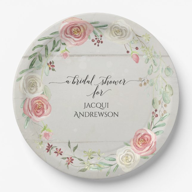 Bridal Shower Party Decor | Blush Floral Rustic Paper Plates (Front)