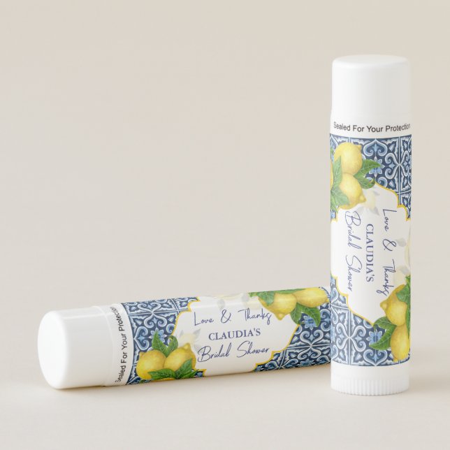 Bridal shower party favors blue tiles lemon Amalfi Lip Balm (Front)