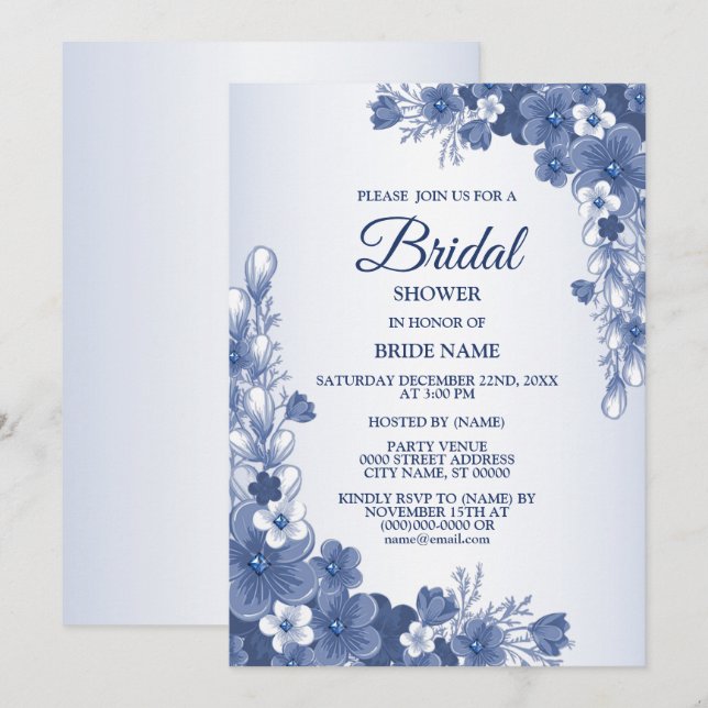 Bridal Shower Party Floral Blue Gray Rustic Invitation (Front/Back)