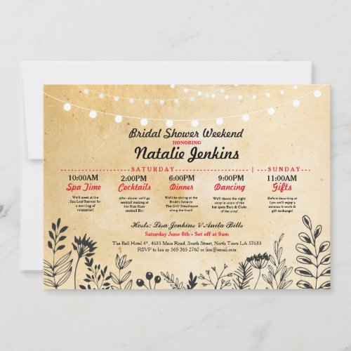 Bridal Shower Party Floral Itinerary Bachelorette Invitation