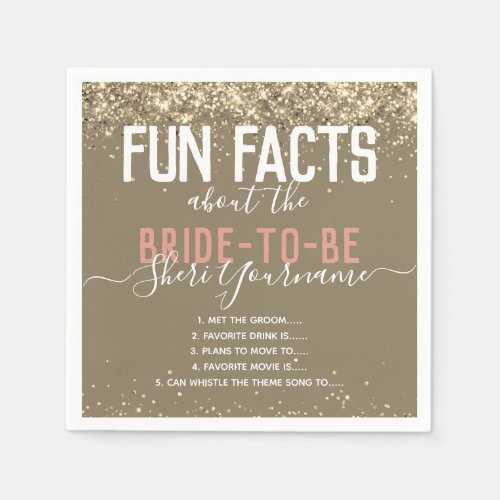 Bridal Shower Party Fun Facts Gold Glitter Girly Napkins
