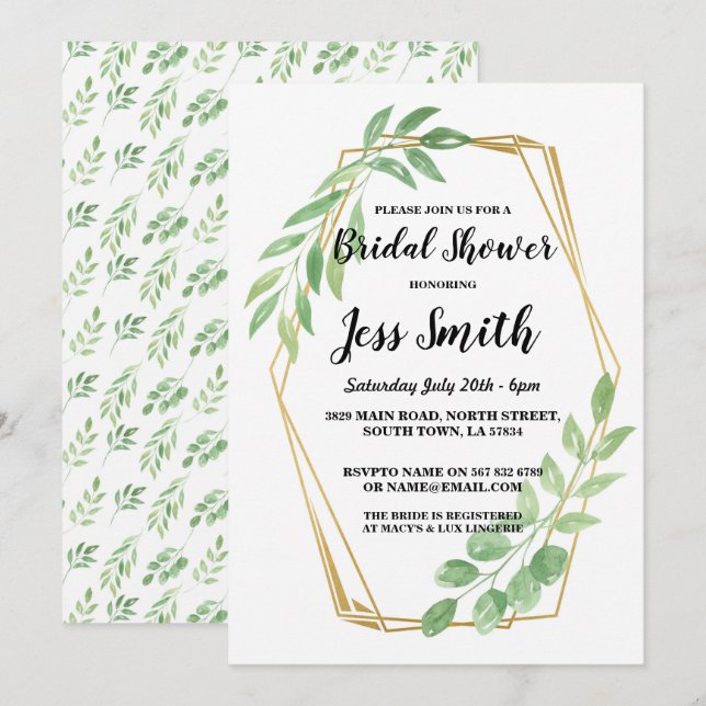 Bridal Shower Party Gold Frame Leaves Invite (Front/Back)