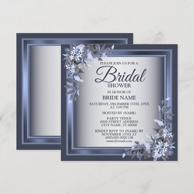 Bridal Shower Party Navy Blue Floral Silver Gray Invitation (Front/Back)