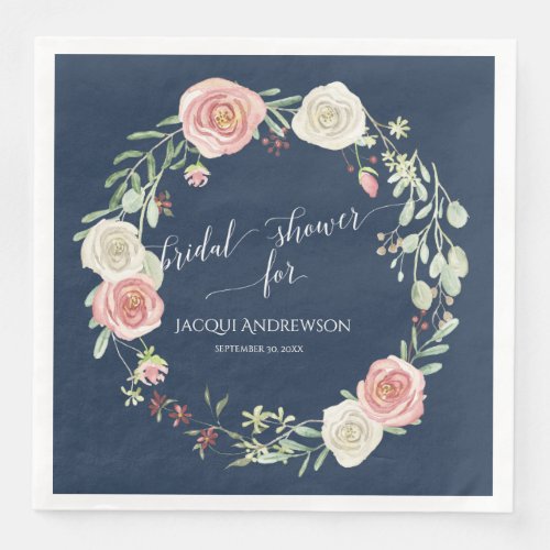 Bridal Shower Party Navy Blush Ivory Rose Wreath Paper Dinner Napkins