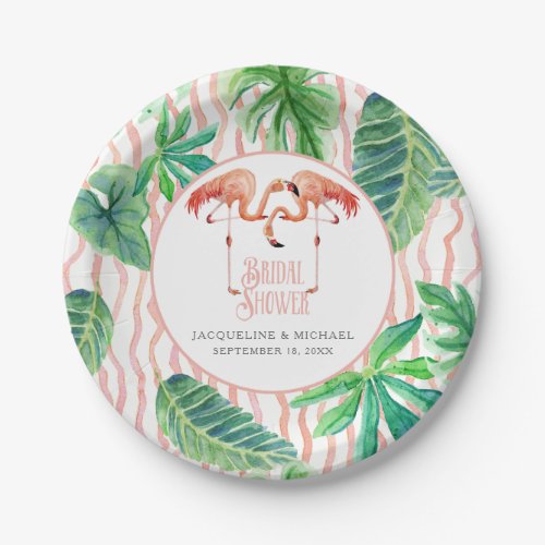 Bridal Shower Party Pink Flamingo Watercolor Leaf Paper Plates