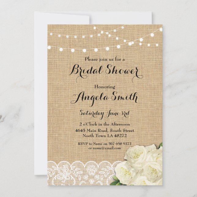 Bridal Shower Party Rose Burlap Lace Lights Invite (Front)
