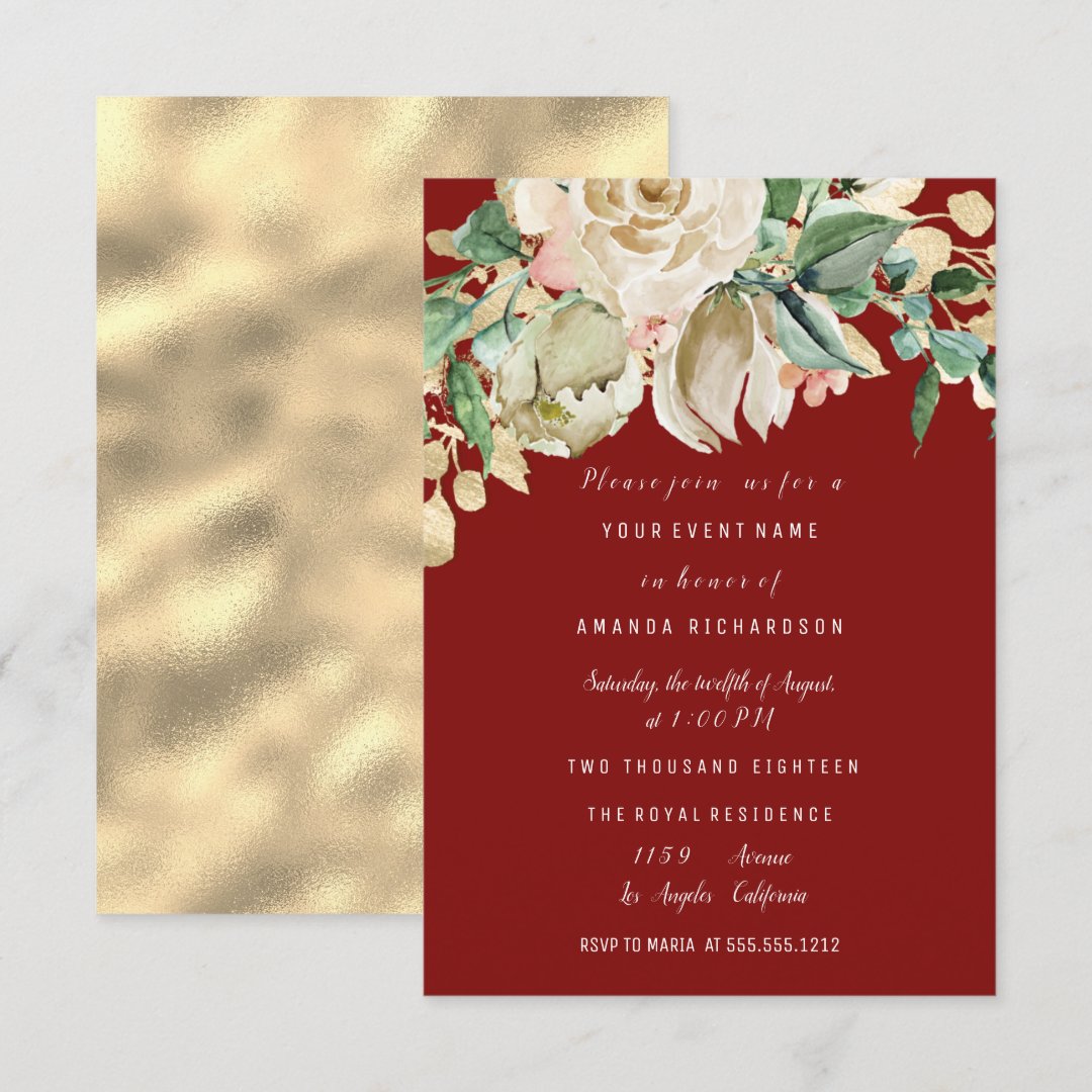 Bridal Shower Party Rose Painted Floral Burgundy Invitation Zazzle