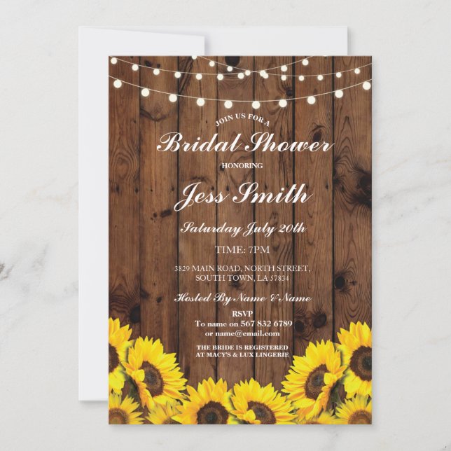 Bridal Shower Party Rustic Sunflower Wood Invite (Front)
