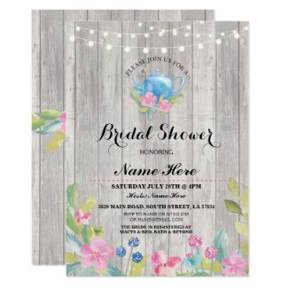 Bridal Shower Party Rustic Teapot Floral Invite
